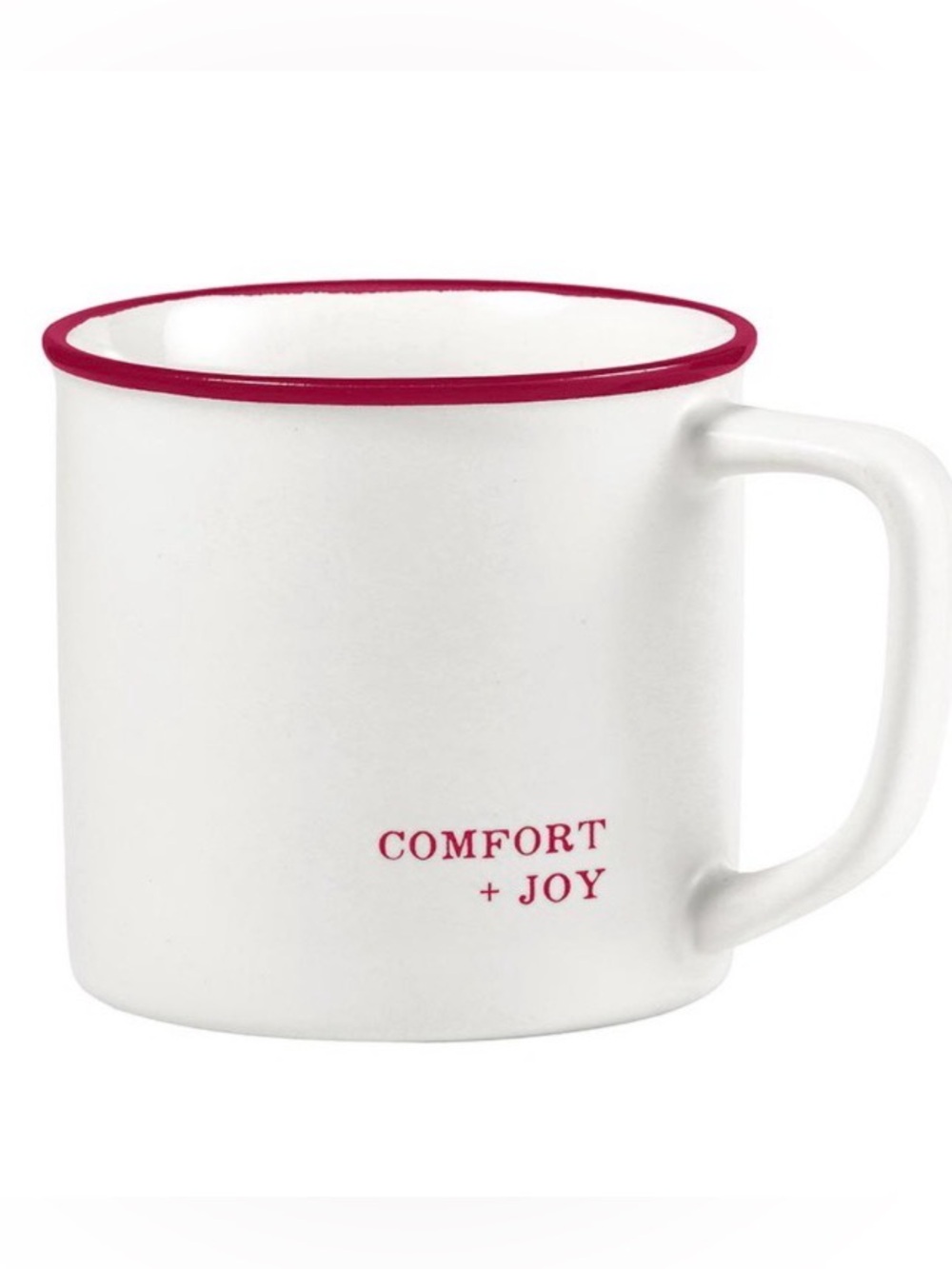 Comfort + Joy White Ceramic Mug with Red Rim